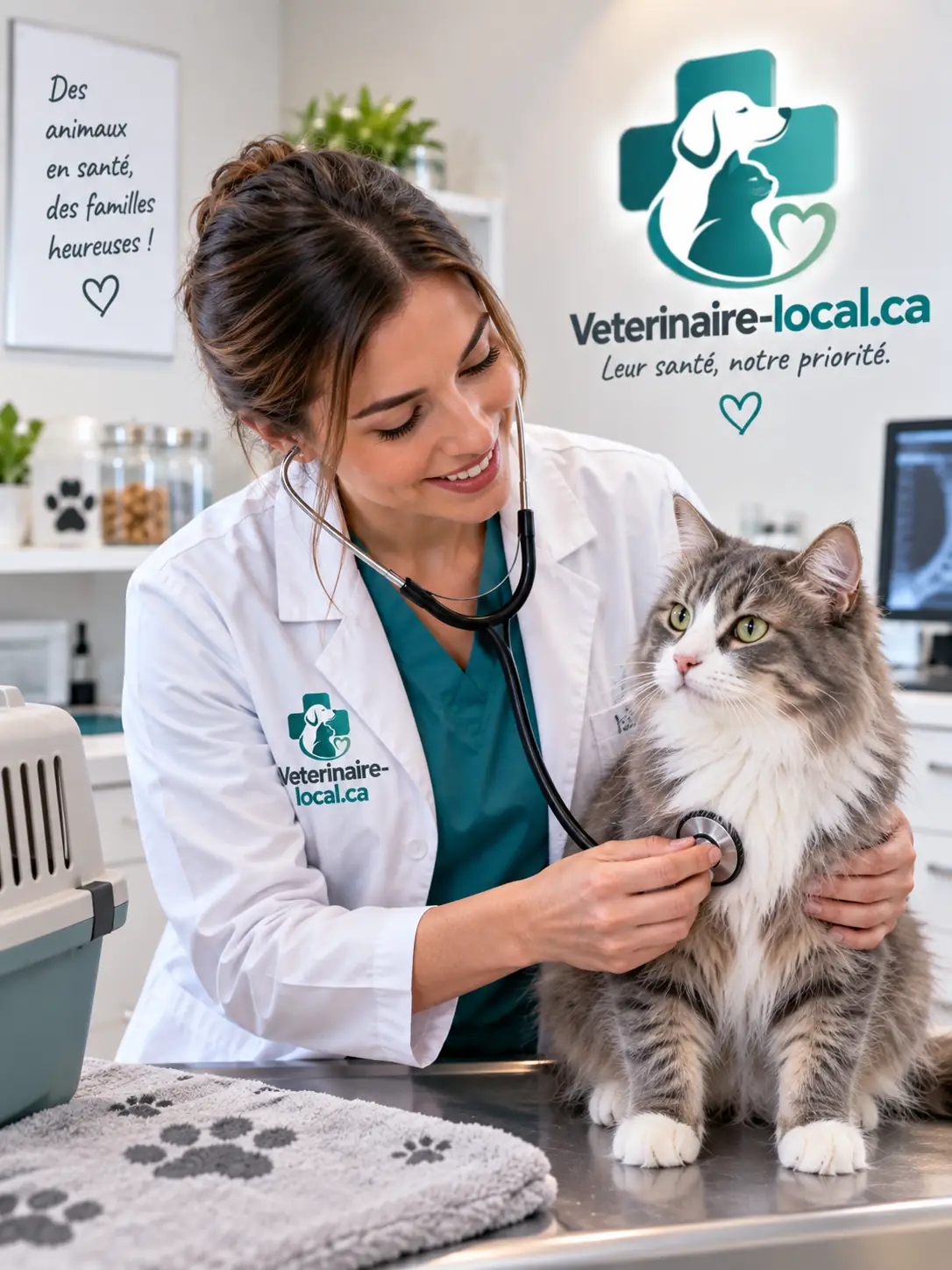Auscultation d'un chat à la clinique