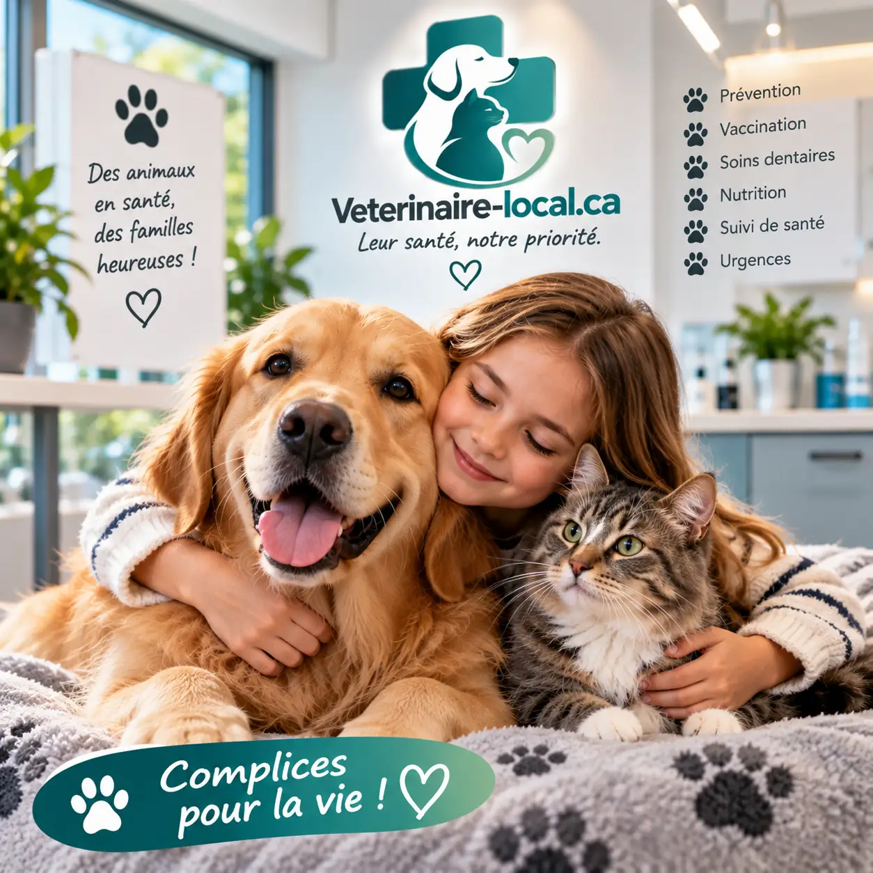 Enfant avec son chien et son chat